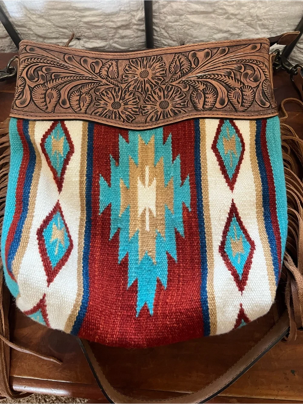 American Darling Southwestern Saddle Blanket Leather Fringe Crossbody Bag
